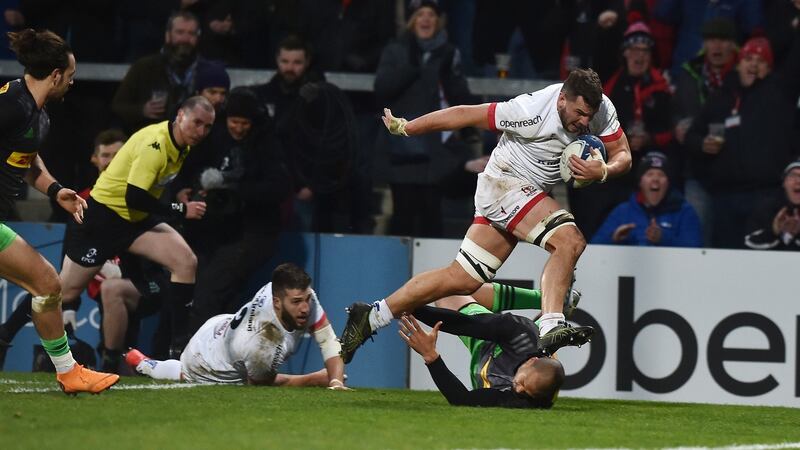 Ulster flanker Sean Reidy gets over for a try during the Heineken Champions Cup match against Harlequins at Kingspan stadium. Photograph: Charles McQuillan/Getty Images