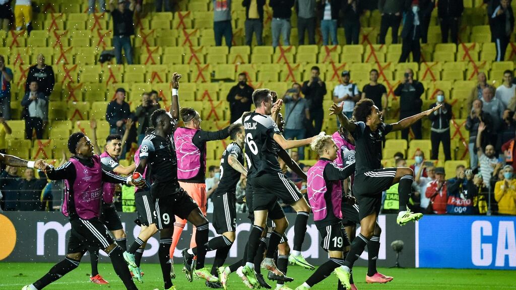 Sheriff’s players celebrate after winning their first Champions League match against FC Shakhtar Donetsk at Sheriff Stadium in Tiraspol on Wednesday. Photograph: Sergei Gapon/AFP