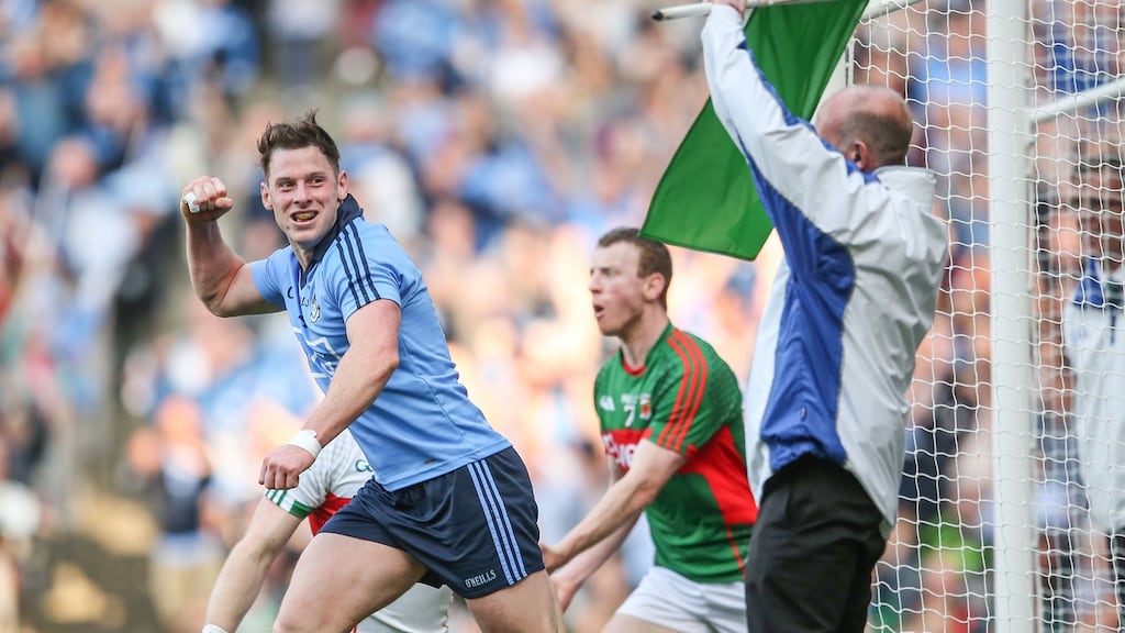 Dublin defender Philly McMahon celebrates scoring Dublin second goal in the All-Ireland semi-final replay against Mayo last summer. Photograph: James Crombie/Inpho