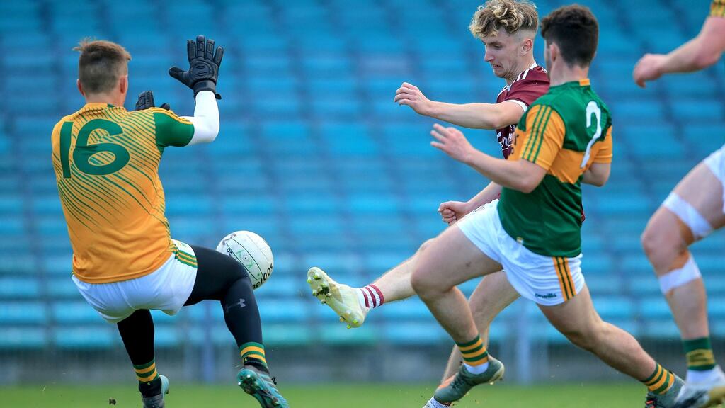 Kerry’s Deividas Uosis saves a shot from Matthew Cooley of Galway during the match. Photo: Bryan Keane/Inpho