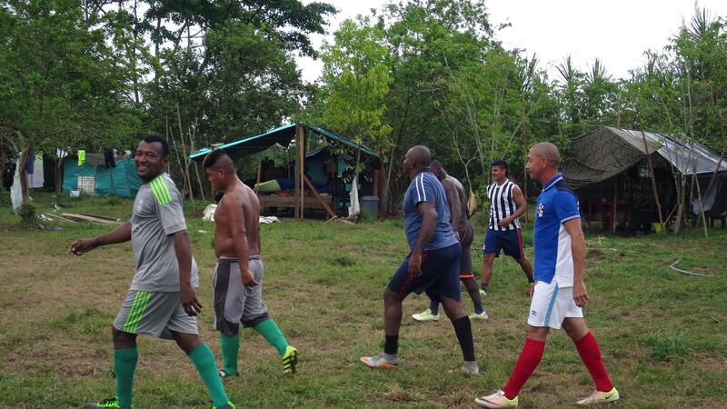 Farc guerrillas from the insurgent group’s 57th Front playing football at the demobilisation camp in Chocó, Colombia, on March 3rd, 2017. Photograph: Julieta Aponte