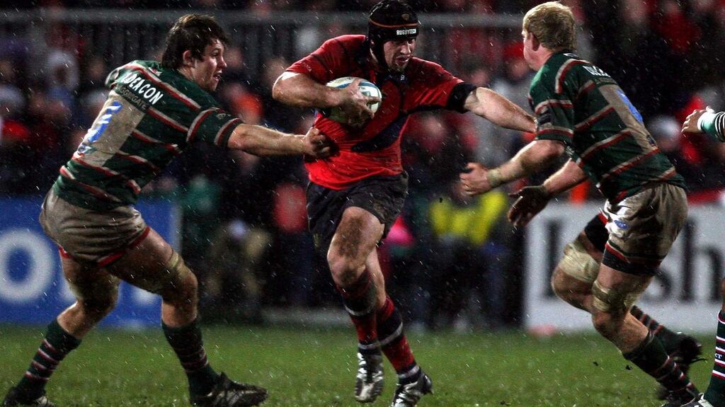 Munster’s Denis Leamy gets tackled by Leo Cullen and Louis Deacon of Leicester in Munster’s Heineken Cup pool defeat in 2007. Photograph: Dan Sheridan/Inpho