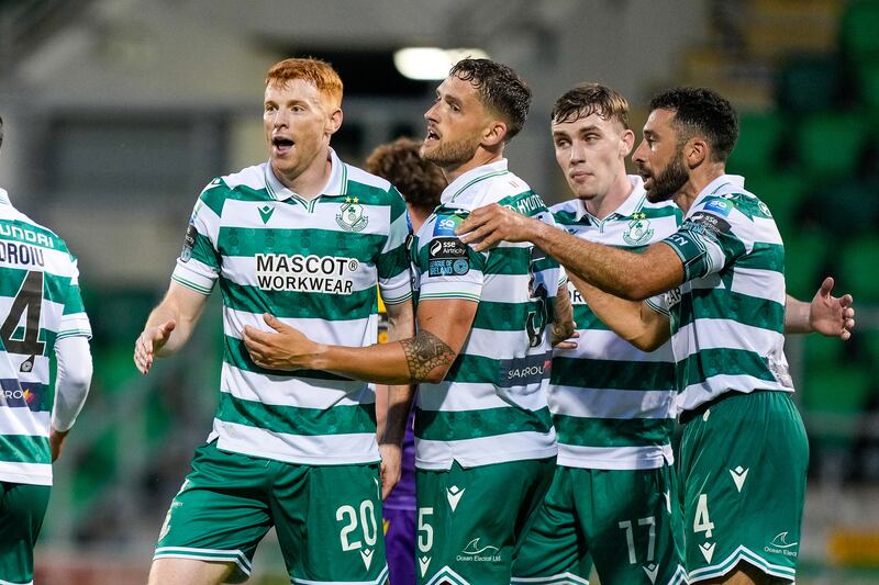 Rory Gaffney of Shamrock Rovers celebrates his goal with team-mates. Photograph: James Lawlor/Inpho