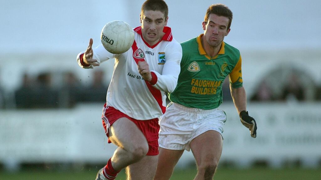 A young Daragh Ó Sé of An Gaeltacht is tackled by Tara’s Paul Kerrigan during the Comortas Na Gaeltacthta in 2003. Photograph: Lorraine O’Sullivan/Inpho