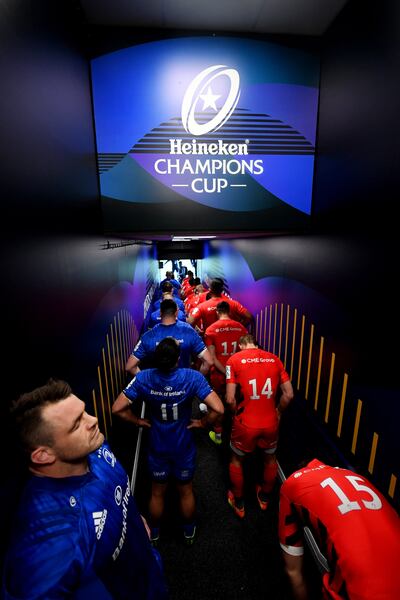 Players prepare to walk out onto the pitch prior to the 2019 Champions Cup final. Photograph: Dan Mullan/Getty Images