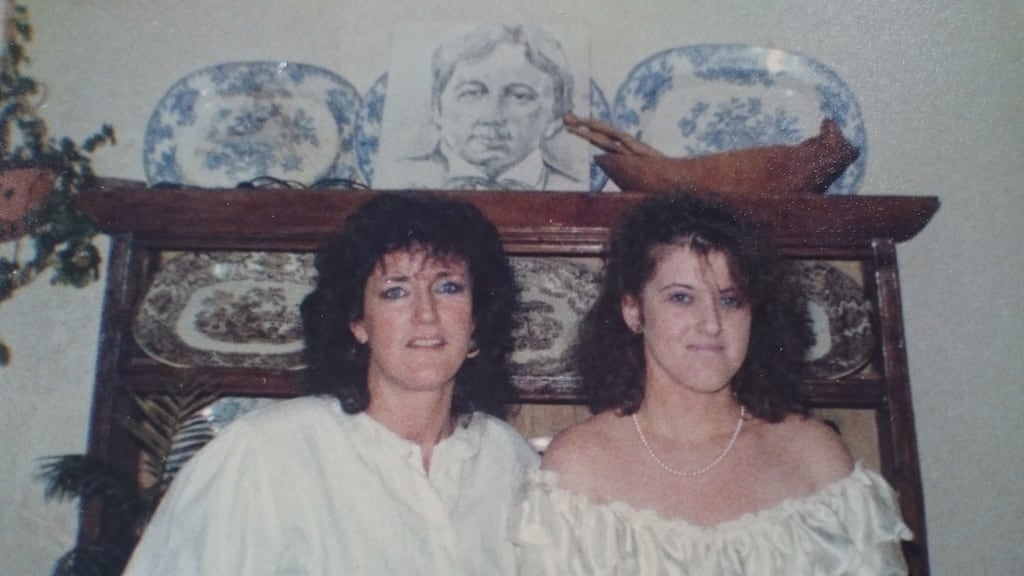 A 1980s debs memory: Arlene Harris (right) in her neighbour’s wedding dress