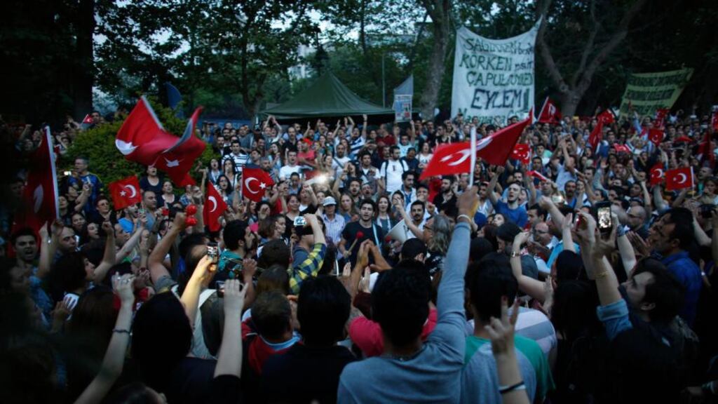 Protesters sing and shout slogans during a demonstration at Taksim Square in Istanbul on June 5, 2013. Photograph: Reuters