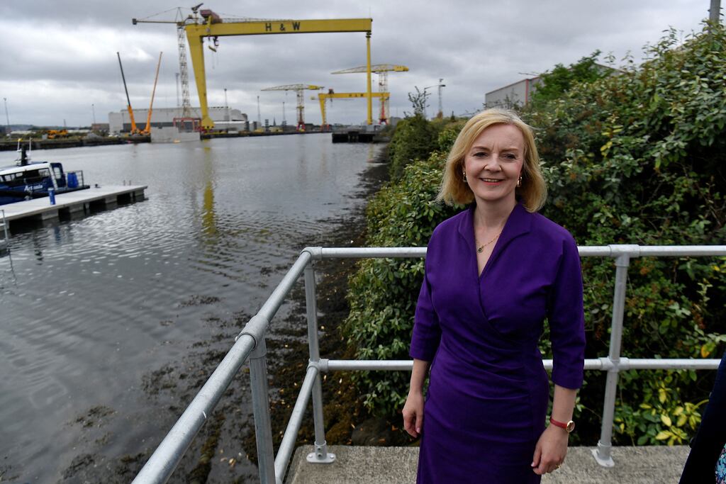 Liz Truss pictured while on the Conservative party leadership election campaign train in Belfast on Wednesday. Photograph: Clodagh Kilcoyne/POOL/AFP via Getty Images