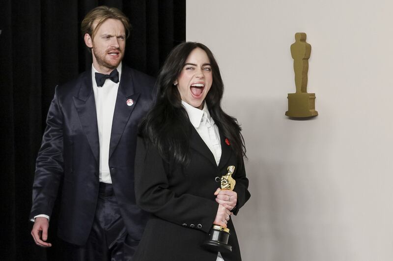 Finneas O'Connell and Billie Eilish, winners of the best song Oscar for What Was I Made For? from Barbie, in the press room during the 96th annual Academy Awards ceremony. Photograph: Allison Dinner/EPA
