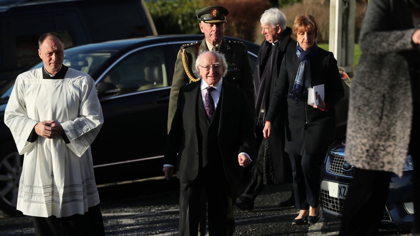 President Michael D Higgins attends the funeral of Dr Maurice Hayes at St Patrick’s Church, Downpatrick, Co Down following his death, aged 90, two days before Christmas. Photograph: Niall Carson/PA Wire