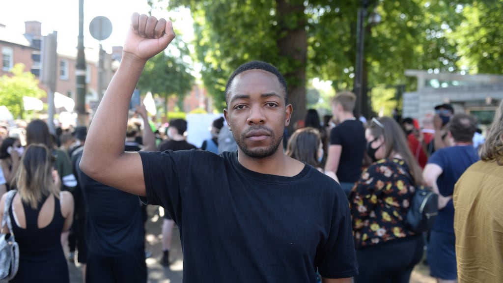 Lawson Mpame at a rally on Monday in solidarity with the Black Lives Matter movement outside the US embassy in Ballsbridge, Dublin. Photograph: Dara Mac Dónaill