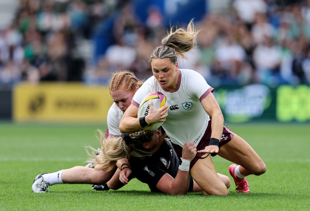 Béibhinn Parsons, one of three players from Ballinasloe on the Ireland Women's Rugby World Cup squad, in action against New Zealand on Sunday. Photograph: Billy Stickland/Inpho