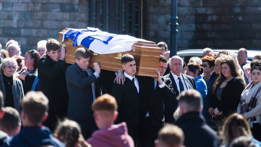 Mourners carry the coffin from St Senan’s Church at the funeral of Karl Haugh in Kilkee, Co Clare on Wednesday.