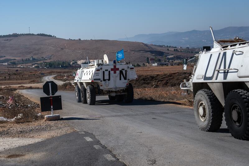 Unifil armoured personnel carriers depart a base in Marjayoun, Lebanon, to patrol near the Lebanon-Israel border. Photograph: Carl Court/Getty Images