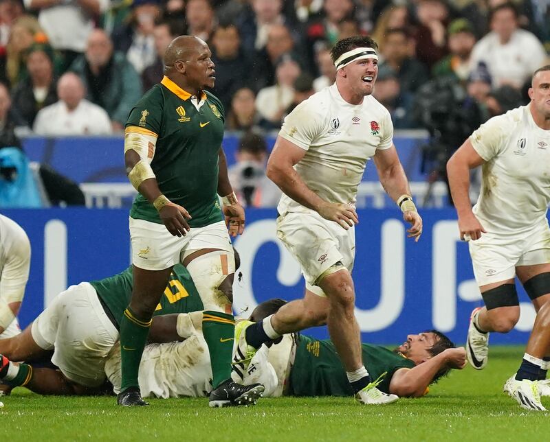 England's Tom Curry (right) and South Africa's Bongi Mbonambi (left) during the Rugby World Cup semi-final match at the Stade de France - Curry here approaches the referee with a complaint. Photograph: Mike Egerton/PA Wire