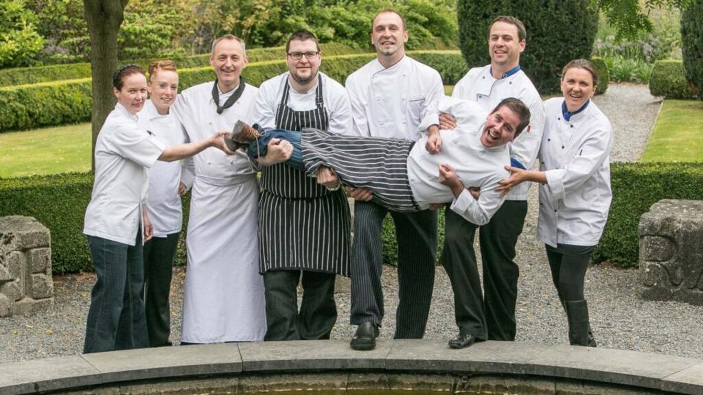 Kilkenny chefs Mary McEvoy, proprietor of A Slice of Heaven; Grainne Somers, head chef at The Pembroke Hotel; Gerald Dunne, executive head chef at Lyrath Estate Hotel; Ken Harker, head chef at the Lady Helen restaurant at Mount Juliet; Matus Pollack, head chef at the Kilkenny Hibernian Hotel; Mark Gaffney, executive chef at the Ormonde Hotel and Helen Costello of the pop-up vegetarian restaurant, holding TV3’s Ireland AM chef Edward Hayden