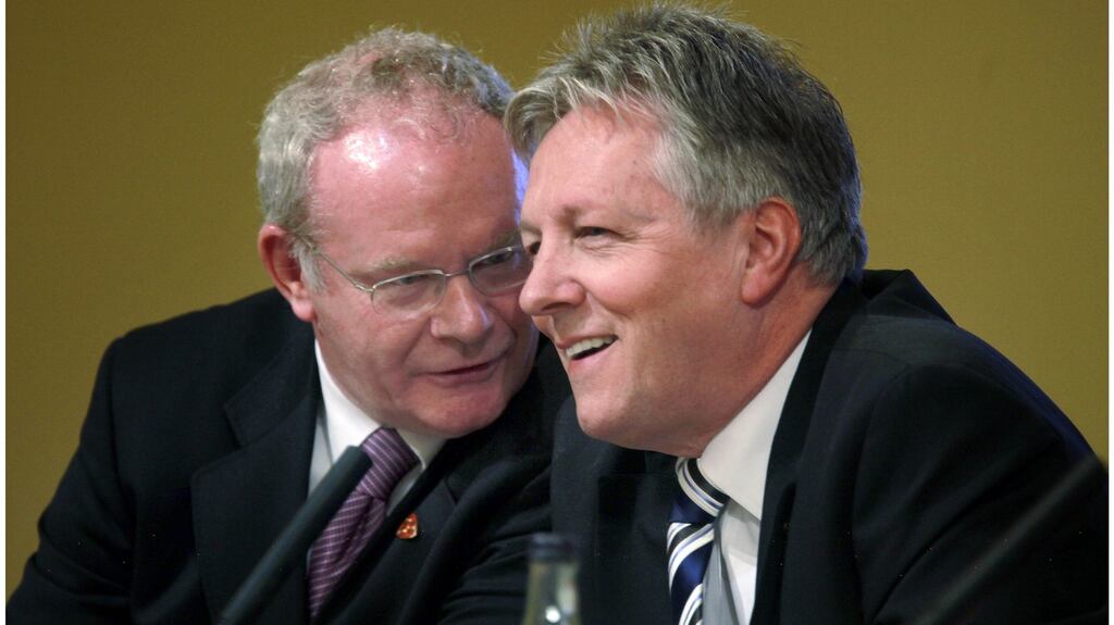 Deputy First Minister Martin McGuinness and First Minister Peter Robinson: together they “oversaw the devolution of policing and justice powers”. Photograph: Brenda Fitzsimons/The Irish Times