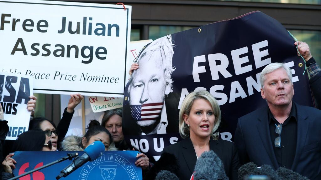 Julian Assange’s UK lawyer Jennifer Robinson and WikiLeaks editor in chief Kristinn Hrafnsson  talk to the media outside the Westminster Magistrates Court after   Assange was arrested in London. Photograph: Hannah McKay/Reuters