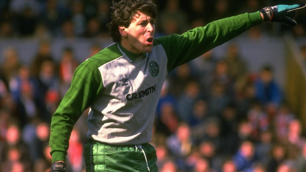 Packie Bonner directs his Celtic team-mates during a game against Aberdeen in 1991. Photograph: Russell Cheyne/Allsport