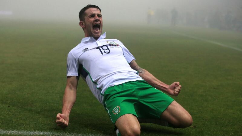 Robbie Brady celebrates his goal in the first leg of the playoffs against Bosnia and Herzegovinga. Photo: Nick Potts/PA