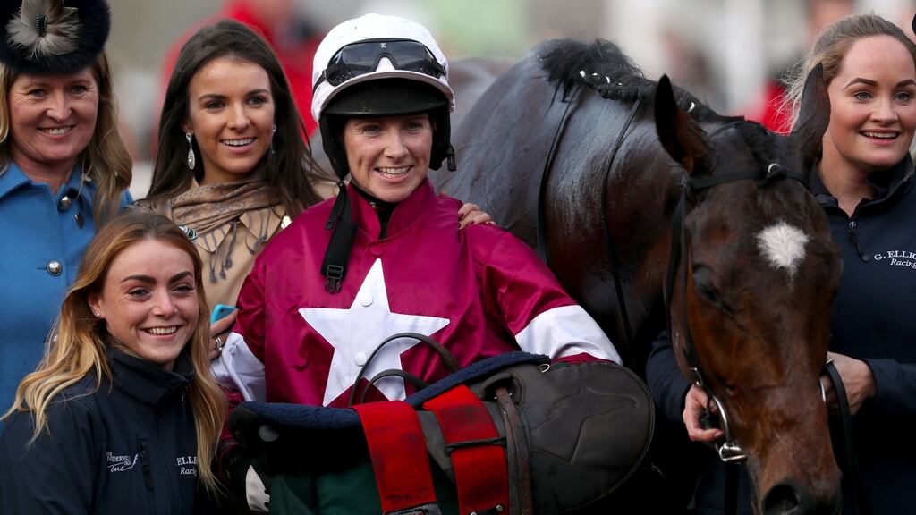 Jockey Lisa O’Neill with triple-Cheltenham festival hero Tiger Roll. Photograph: David Davies/PA