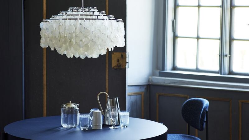 This mother of pearl cascade chandelier by Nordic Elements was designed by Verner Panton, who was inspired by the play on light created by natural materials.