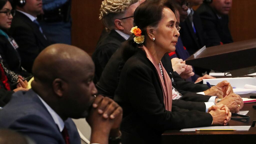 The Gambia’s justice minister Abubacarr Tambadou and Myanmar’s leader Aung San Suu Kyi attend a hearing in a case filed by The Gambia against Myanmar’s alleging genocide against the minority Muslim Rohingya population, at the International Court of Justice (ICJ) in The Hague. Photograph: Yves Herman/Reuters