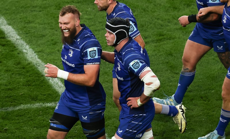 Leinster’s RG Snyman celebrates scoring a try. Photograph: Tom Maher/Inpho
