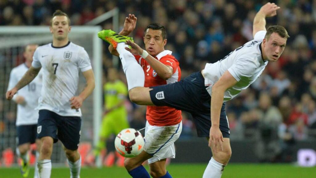 England’s Phil Jones (right) will miss Tuesday’s game against Germany. Photograph: Toby Melville/Reuters