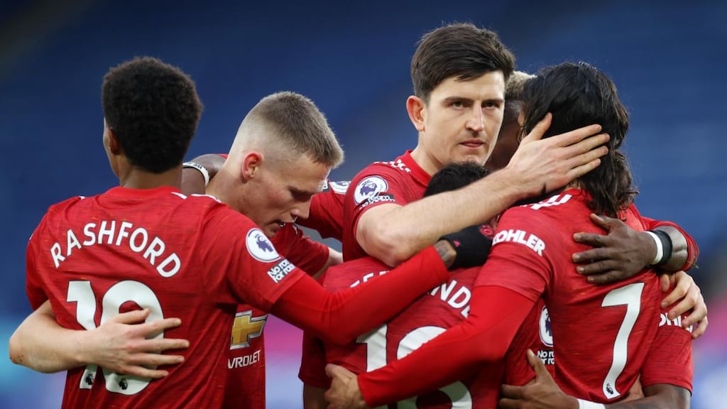 Manchester United’s Bruno Fernandes  celebrates with team-mates  after scoring his side’s second goal against Leicester City the King Power Stadium on December 26th. Photograph: Carl Recine/Getty Images