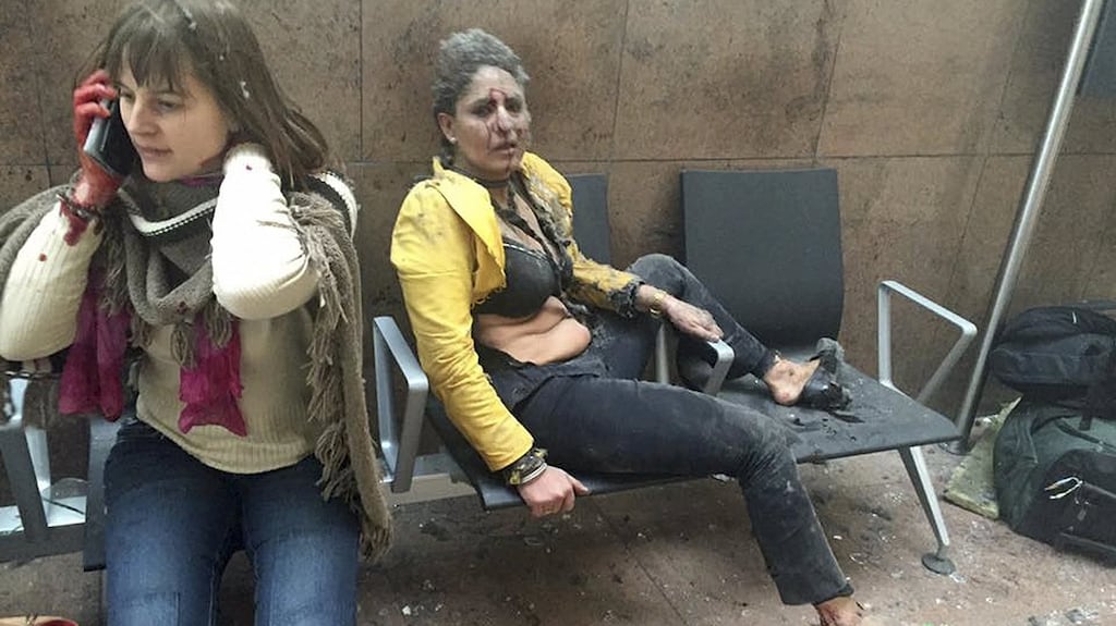 Nidhi Chaphekar (right) at the scene of explosions at Brussels’s Zaventem airport on March 22nd, 2016. This photograph went viral. Photograph: Ketevan Kardava/Courtesy of 1tv.ge/Reuters