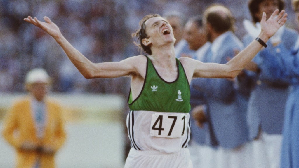 John Treacy talking the silver medal in Los Angeles in 1984 with a time of 2:09:56