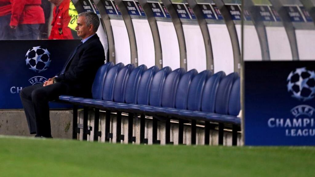 Chelsea’s manager Jose Mourinho sits on the bench during half-time in the Champions League Group G match against his former club FC Porto at at Estádio do Dragão. Photograph: Jose Coelho/EPA