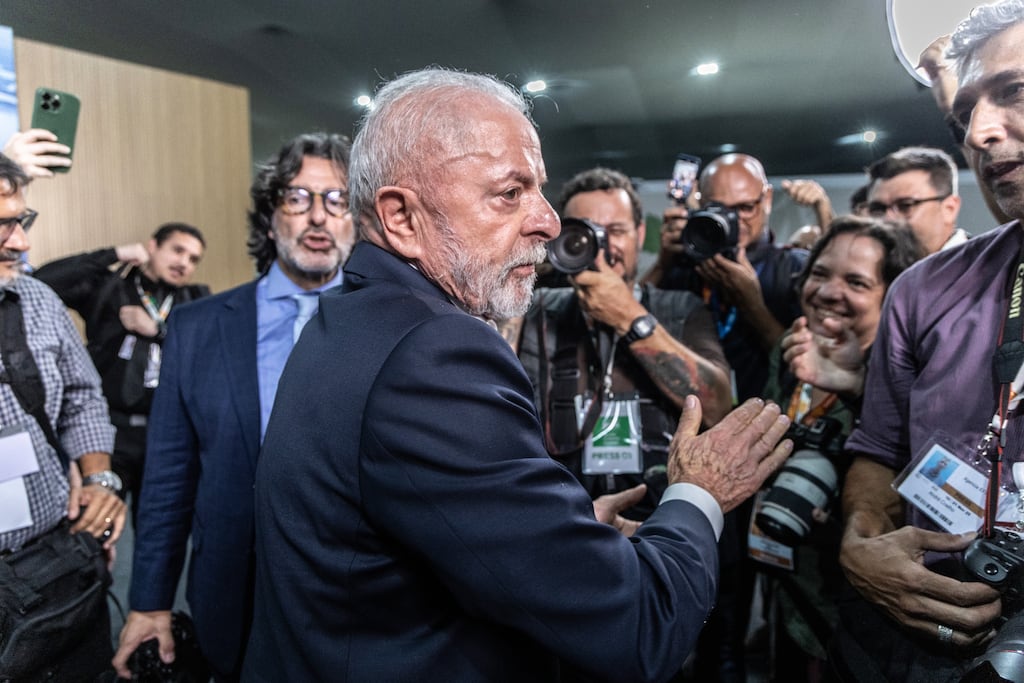 Brazil's president Luiz Lula da Silva, Brazil's president, speaks to members of the media during the Cop30 Leaders Summit. Photographer: Dado Galdeiri/Bloomberg
