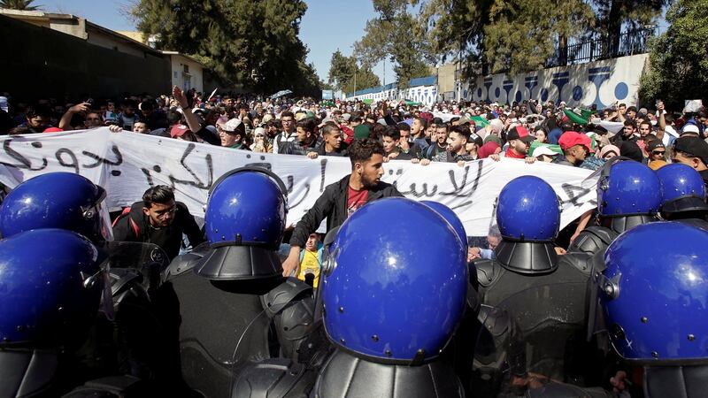 Students protest against Abdelaziz Bouteflika’s plan to extend his 20-year rule, at a university in Algiers, Algeria, on Sunday. Photograph: Ramzi Boudina/Reuters
