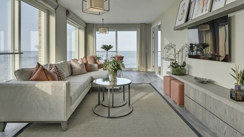 Living-dining area of the corner two-bedroom apartments at Marina Village, Greystones,