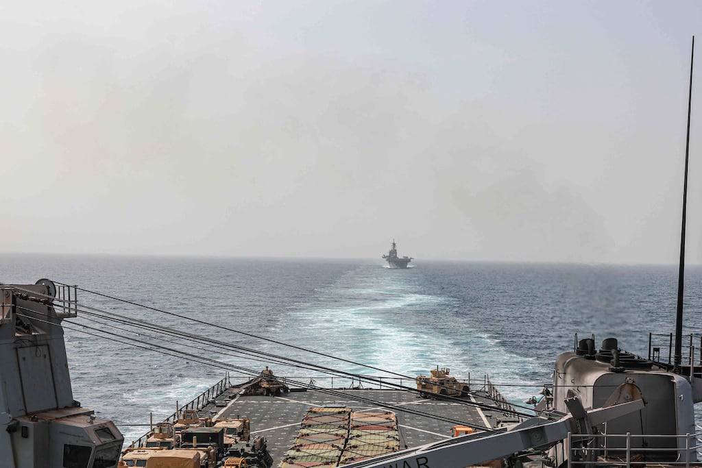 US ships in the Red Sea. Crude oil prices rose on Friday after the US and UK launched air strikes against Yemen-based Houthi rebels whose attacks against ships in the Red Sea threatened the flow of goods through one of the world’s most important trade routes. Photograph: US Navy