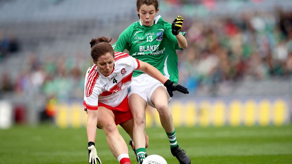 Derry’s Cáit Glass and Eimear Smyth of Fermanagh in the TG4 Ladies Junior All-Ireland Football Championship final at Croke Park, Dublin in September 2017. Photograph: Ryan Byrne/Inpho