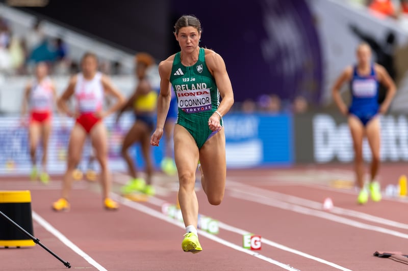 Kate O’Connor sets off in the long jump event. Photograph: Morgan Treacy/Inpho