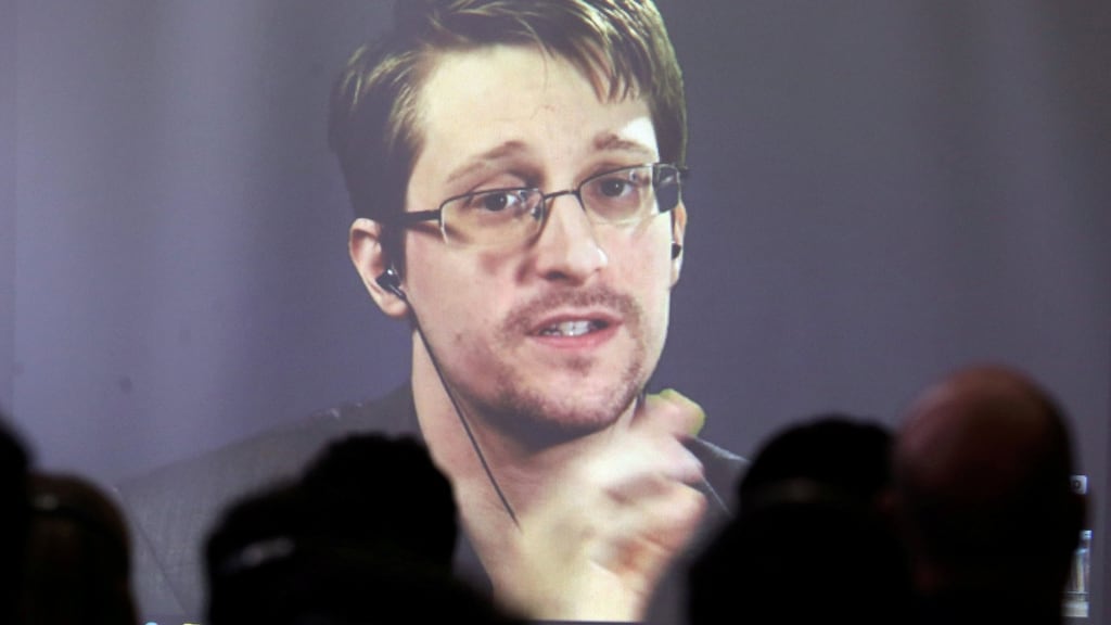 Edward Snowden speaks via video link during a conference at the University of Buenos Aires in Argentina in November. Photograph: Marcos Brindicci/Reuters