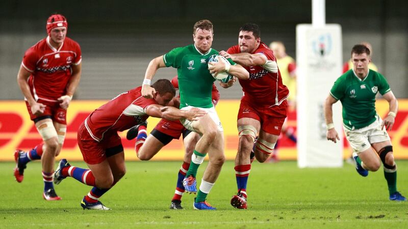 Jack Carty in action for Ireland against Russia during the 2019 Rugby World Cup in Kobe, Japan. Photograph: Adam Pretty/Getty Images
