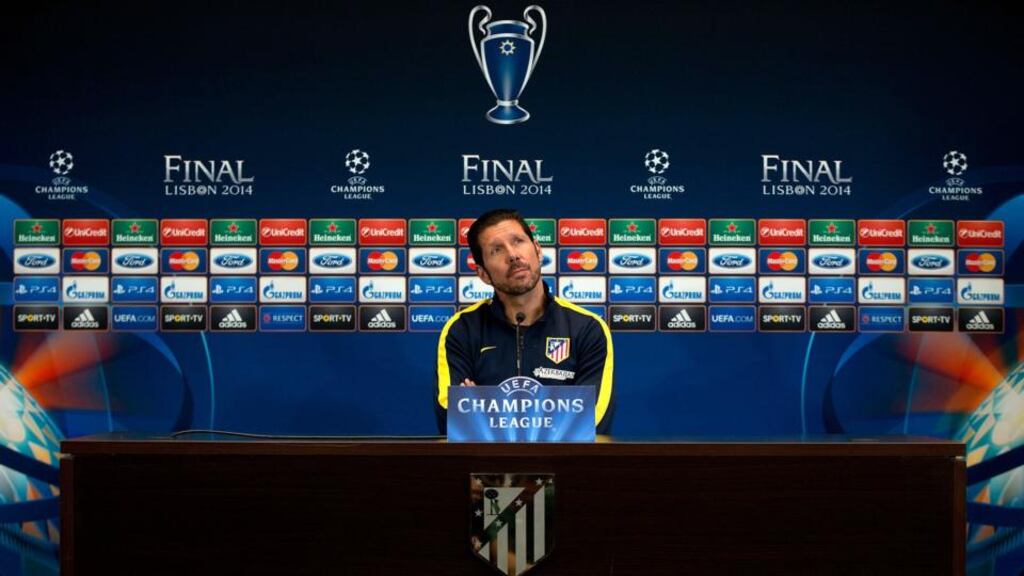 Atletico’s coach Diego “Cholo” Simeone ponders a question at a recent Champions League final news conference. “It’s hard for me to interact with players who don’t give themselves completely. The weak don’t interest me.”