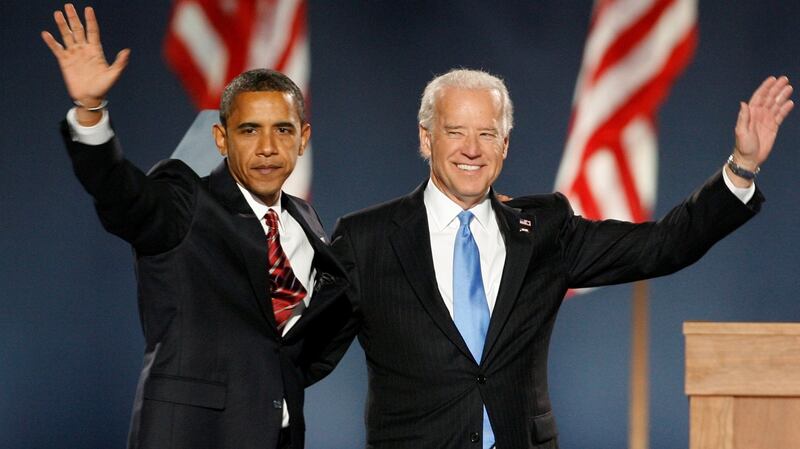 The then US president-elect Barack Obama and vice president-elect Joe Biden in Chicago on the night of Mr Obama’s election victory in November 2008. Photograph: Jim Bourg/Reuters