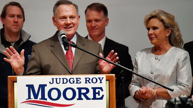 Defeated Republican candidate in the Alabama special election, Roy Moore, addresses supporters at a rally in  Montgomery. Photograph: Mike Stewart/AP