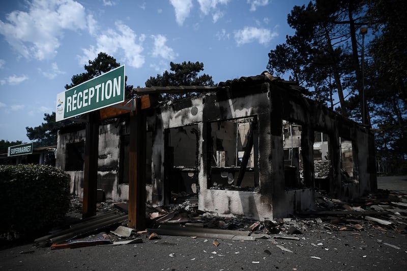 A picture taken on Tuesday shows the camping reception ravaged by a wildfire in Pyla sur Mer in Gironde, southwestern France where firefighters are struggling to contain two massive fires. Photograph: Philippe Lopez/Getty