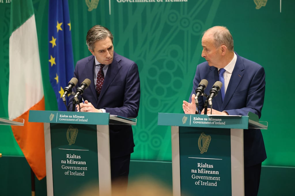 22/07/2025 - NEWS - 
Taoiseach Micheál Martin and Tánaiste Simon Harris  announce details of the revised National Development Plan in July - details of the projects to be built are due . 
(Photograph: Dara Mac Dónaill / The Irish Times)