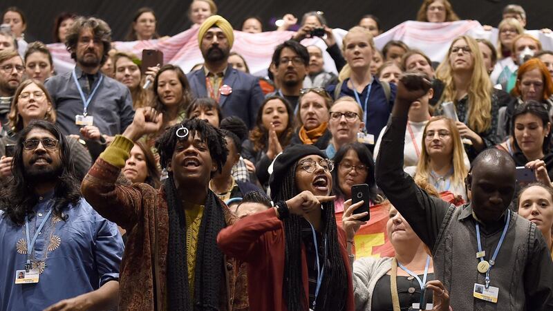 Members of the Global Campaign to Demand Climate Justice protest ahead of the final session of the COP24 summit on climate change in Katowice, Poland. Photograph: Janek Skarzynski/AFP/Getty Images