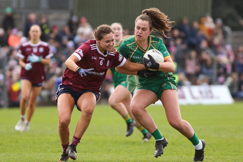 Galway's Kate Geraghty challenges Emma Duggan of Meath. Photograph: Leah Scholes/Inpho