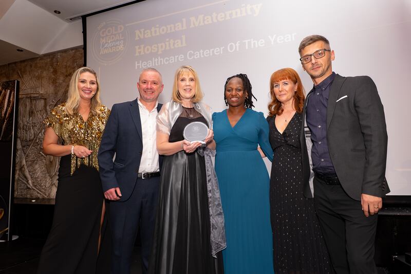 Anna Daly, MC of the Night; Paul Humphreys, executive chef at National Maternity Hospital; Liz Byrne, catering manager at National Maternity Hospital; Vuyo Sukwana, chef at National Maternity Hospital; Martina Lennon, catering officer at National Maternity Hospital; and Teo Stetca, catering admin at National Maternity Hospital. Photographer: Ruben Morrissey-Fernandez/Ruby Productions
