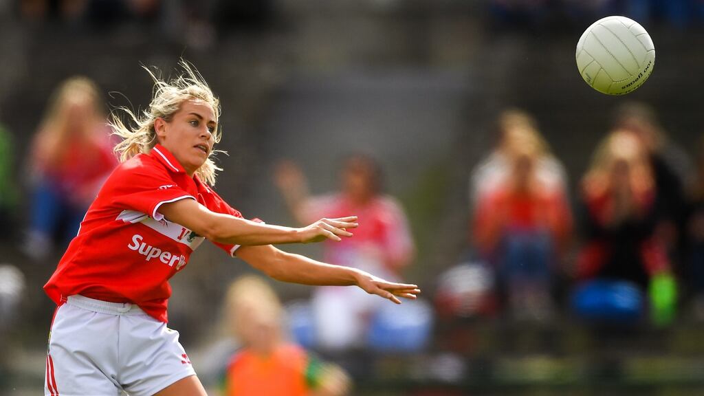 Cork’s Orla Finn palms the ball to the net for her side’s first goal during the TG4 All-Ireland ladies senior football championship semi-final at Hyde Park, Roscommon. Photograph: Piaras Ó Mídheach/Sportsfile